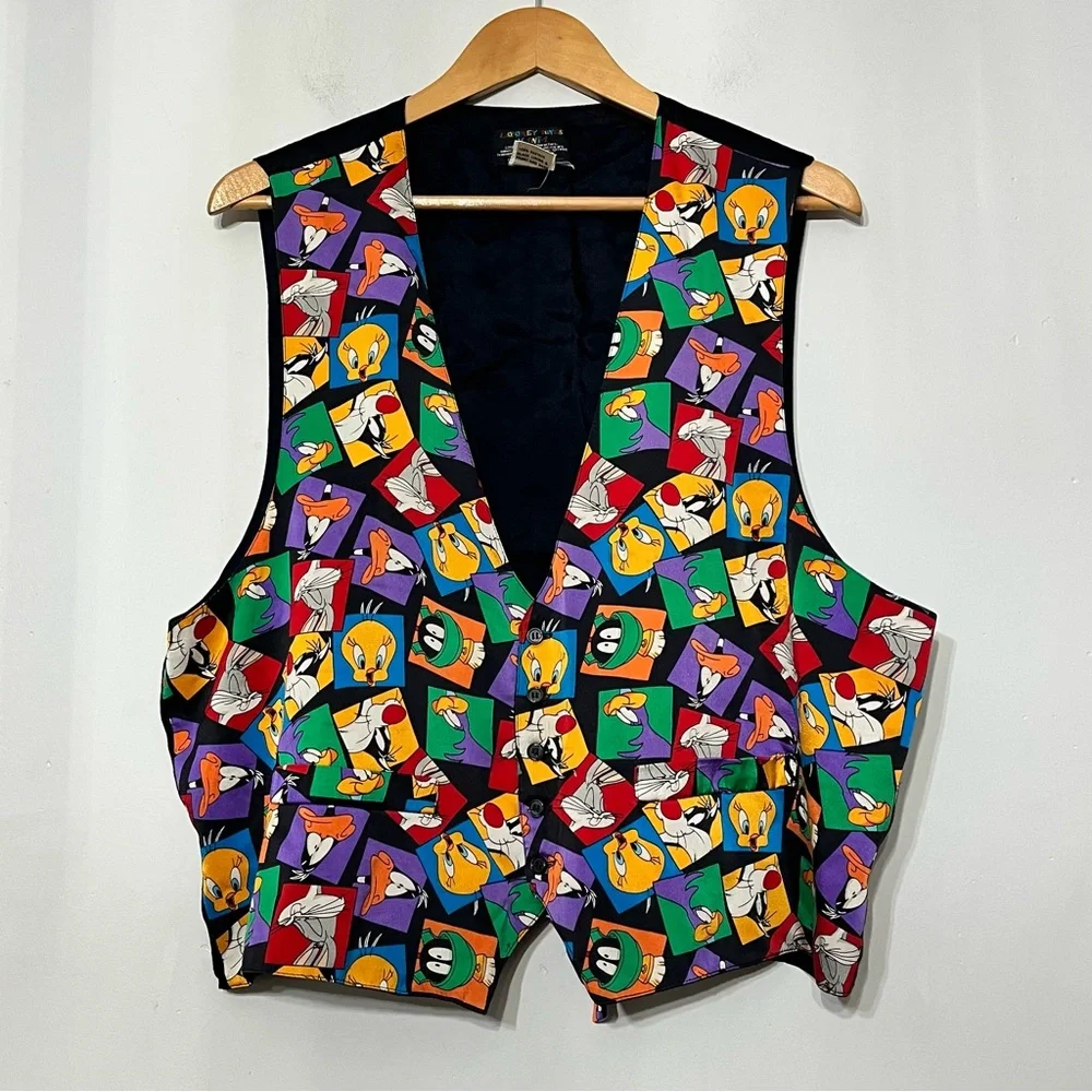 Vintage Looney Tunes Vest‎ Silk 90s Cartoon Bugs Bunny Tweety Silly Costume L XL